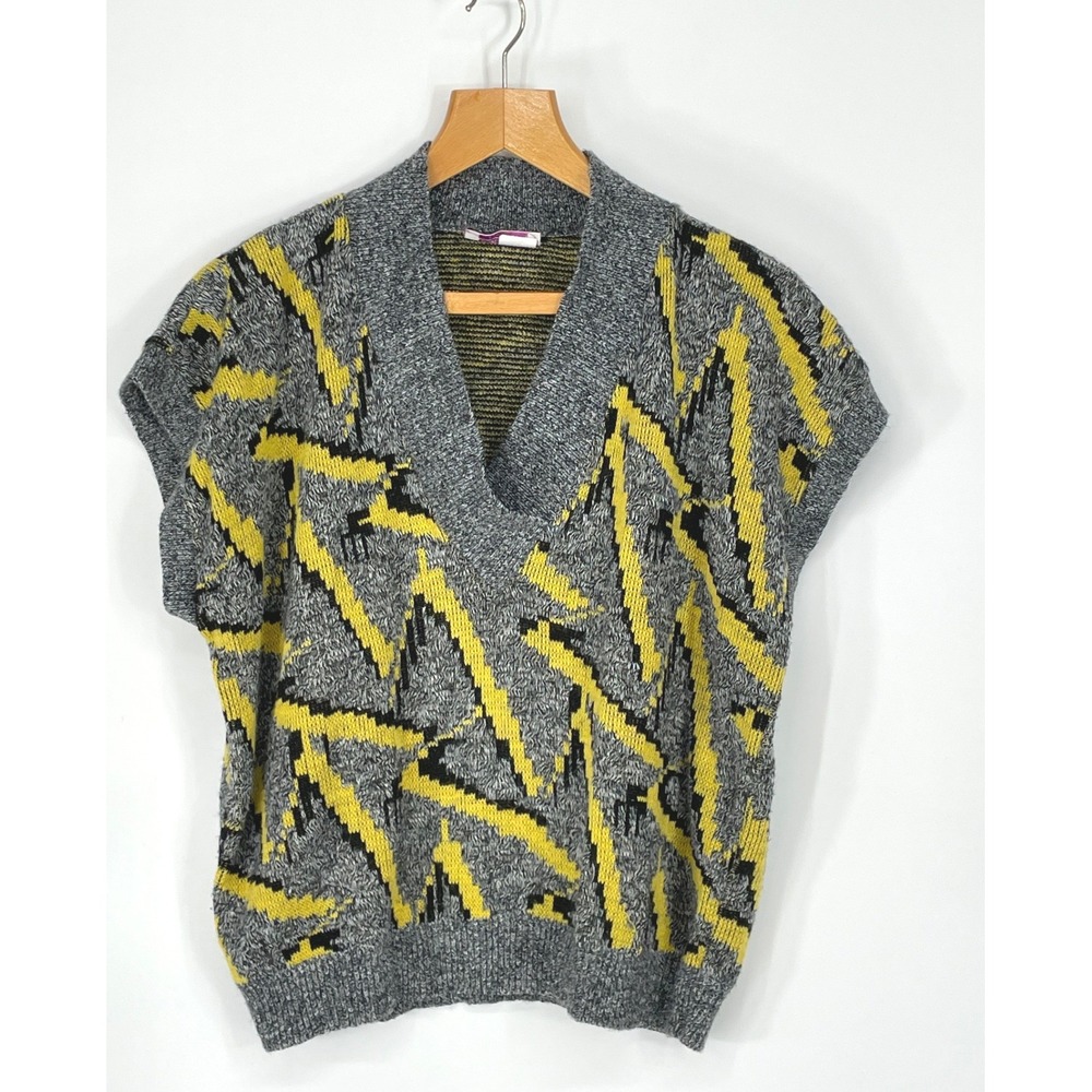 Vintage Arielle Women Sweater Vest M V-Neck Gray Yellow Lightning Bolt Funky